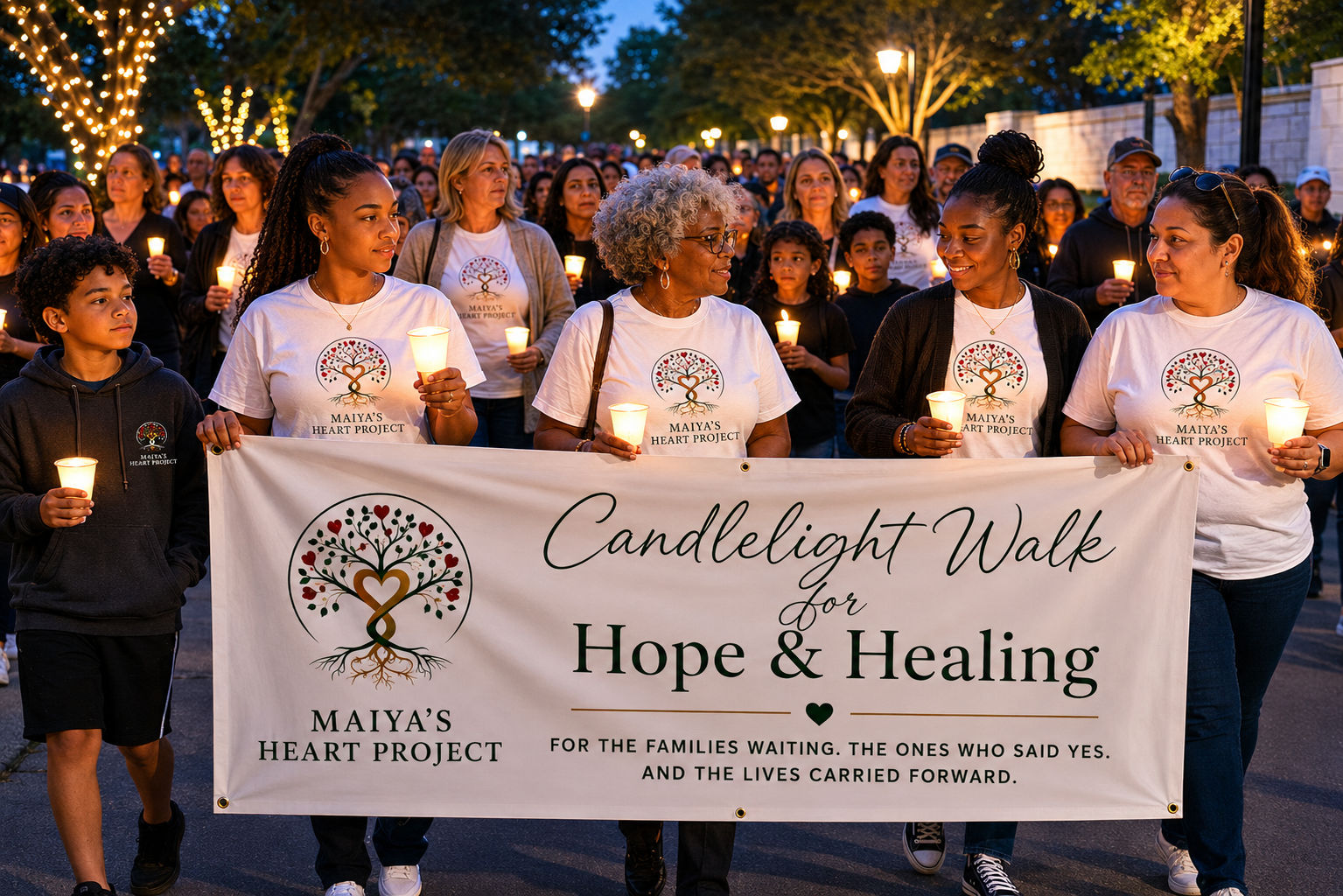 Maiya's Heart Project community holding a Candlelight Walk for Hope & Healing banner
