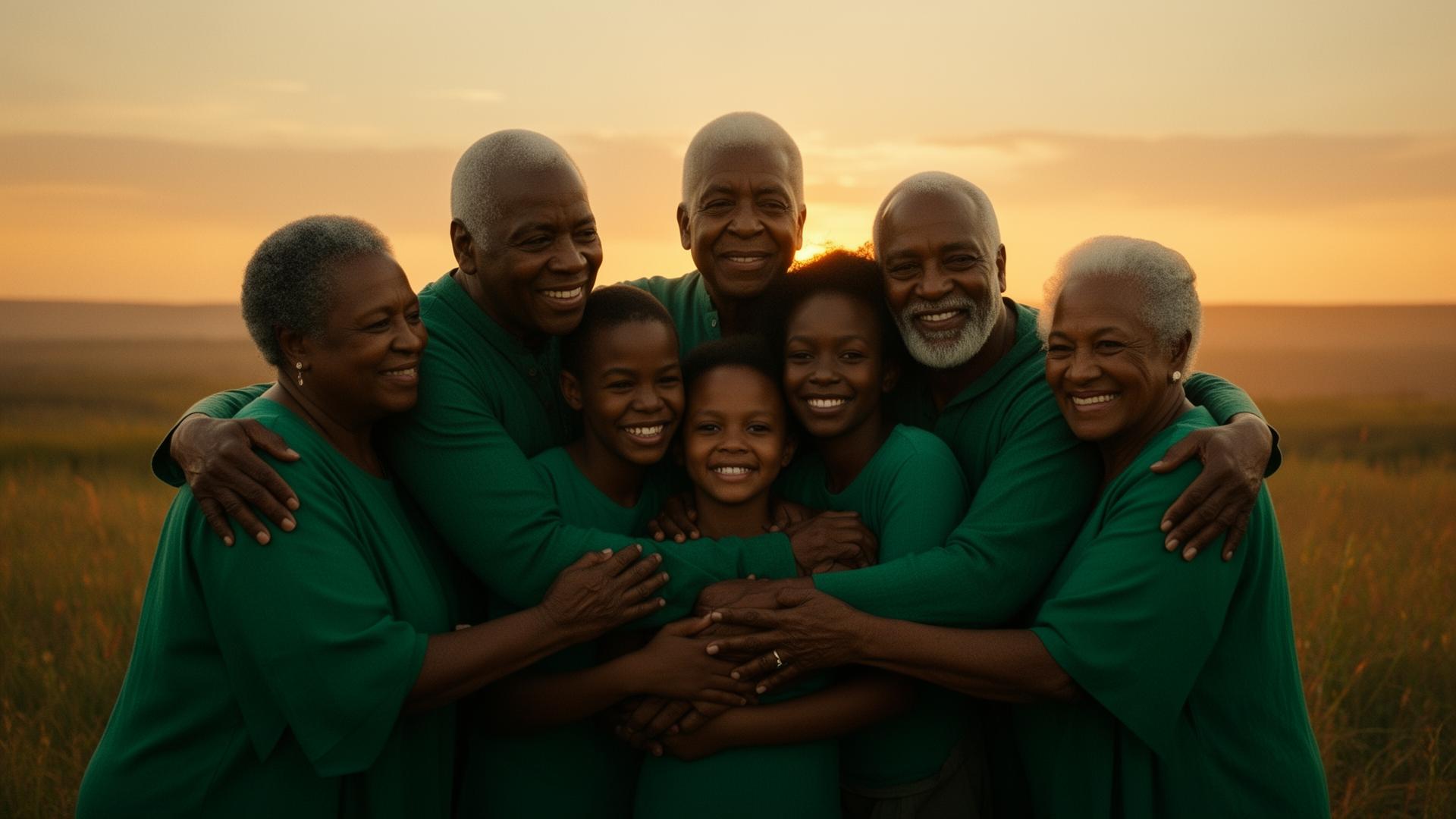 A Black family embracing at sunset